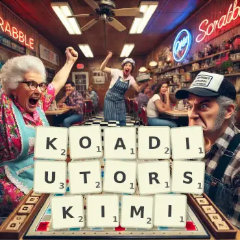 Kreatywna ilustracja do gry w Scrabble ze słowem KOADIUTORSKIMI ułożonym z płytek na planszy.