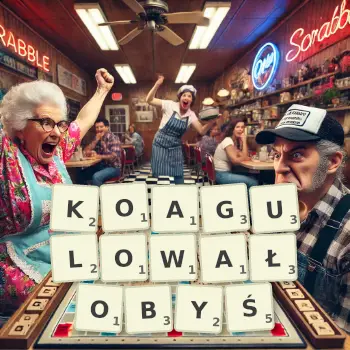 Kreatywna ilustracja do gry w Scrabble ze słowem KOAGULOWAŁOBYŚ ułożonym z płytek na planszy.
