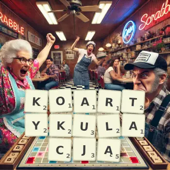 Kreatywna ilustracja do gry w Scrabble ze słowem KOARTYKULACJĄ ułożonym z płytek na planszy.