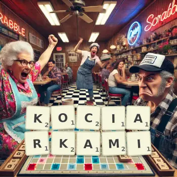 Kreatywna ilustracja do gry w Scrabble ze słowem KOCIARKAMI ułożonym z płytek na planszy.