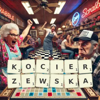 Kreatywna ilustracja do gry w Scrabble ze słowem KOCIERZEWSKA ułożonym z płytek na planszy.