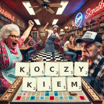 Kreatywna ilustracja do gry w Scrabble ze słowem KOCZYKIEM ułożonym z płytek na planszy.