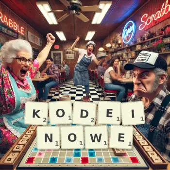 Kreatywna ilustracja do gry w Scrabble ze słowem KODEINOWE ułożonym z płytek na planszy.