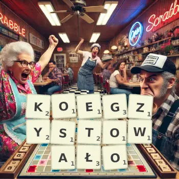 Kreatywna ilustracja do gry w Scrabble ze słowem KOEGZYSTOWAŁO ułożonym z płytek na planszy.