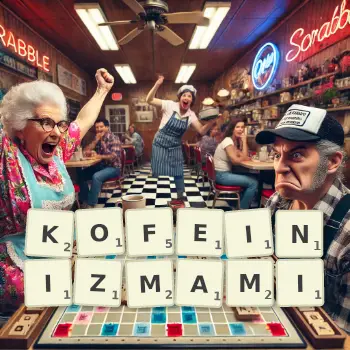 Kreatywna ilustracja do gry w Scrabble ze słowem KOFEINIZMAMI ułożonym z płytek na planszy.