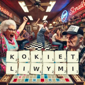 Kreatywna ilustracja do gry w Scrabble ze słowem KOKIETLIWYMI ułożonym z płytek na planszy.
