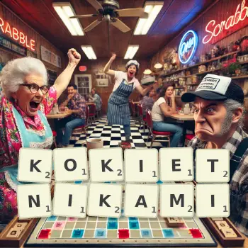 Kreatywna ilustracja do gry w Scrabble ze słowem KOKIETNIKAMI ułożonym z płytek na planszy.