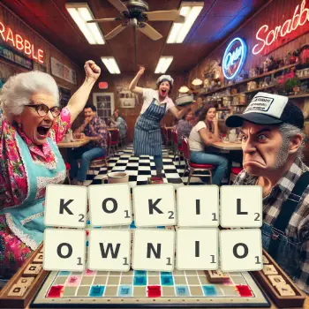 Kreatywna ilustracja do gry w Scrabble ze słowem KOKILOWNIO ułożonym z płytek na planszy.
