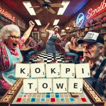 Kreatywna ilustracja do gry w Scrabble ze słowem KOKPITOWE ułożonym z płytek na planszy.