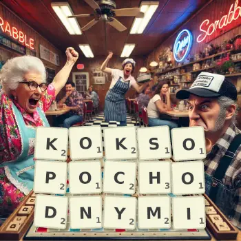Kreatywna ilustracja do gry w Scrabble ze słowem KOKSOPOCHODNYMI ułożonym z płytek na planszy.