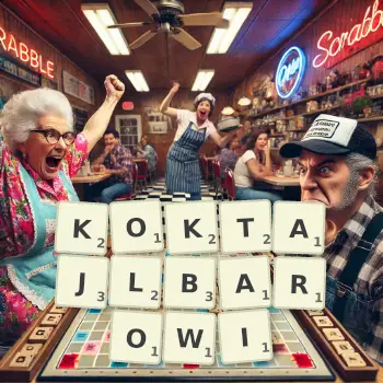 Kreatywna ilustracja do gry w Scrabble ze słowem KOKTAJLBAROWI ułożonym z płytek na planszy.