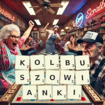 Kreatywna ilustracja do gry w Scrabble ze słowem KOLBUSZOWIANKI ułożonym z płytek na planszy.