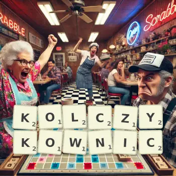 Kreatywna ilustracja do gry w Scrabble ze słowem KOLCZYKOWNIC ułożonym z płytek na planszy.