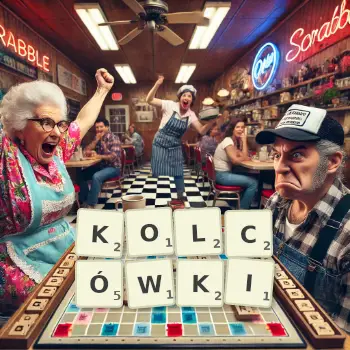 Kreatywna ilustracja do gry w Scrabble ze słowem KOLCÓWKI ułożonym z płytek na planszy.