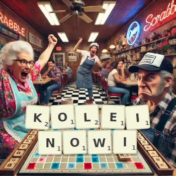 Kreatywna ilustracja do gry w Scrabble ze słowem KOLEINOWI ułożonym z płytek na planszy.