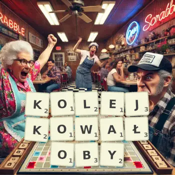 Kreatywna ilustracja do gry w Scrabble ze słowem KOLEJKOWAŁOBY ułożonym z płytek na planszy.