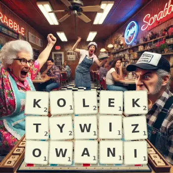 Kreatywna ilustracja do gry w Scrabble ze słowem KOLEKTYWIZOWANI ułożonym z płytek na planszy.