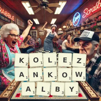Kreatywna ilustracja do gry w Scrabble ze słowem KOLEZANKOWALBY ułożonym z płytek na planszy.