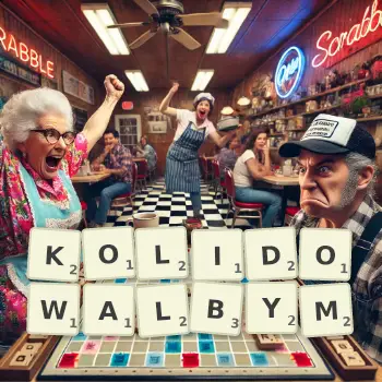 Kreatywna ilustracja do gry w Scrabble ze słowem KOLIDOWALBYM ułożonym z płytek na planszy.