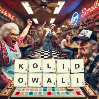 Kreatywna ilustracja do gry w Scrabble ze słowem KOLIDOWALI ułożonym z płytek na planszy.