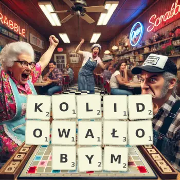 Kreatywna ilustracja do gry w Scrabble ze słowem KOLIDOWAŁOBYM ułożonym z płytek na planszy.