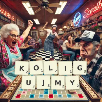 Kreatywna ilustracja do gry w Scrabble ze słowem KOLIGUJMY ułożonym z płytek na planszy.