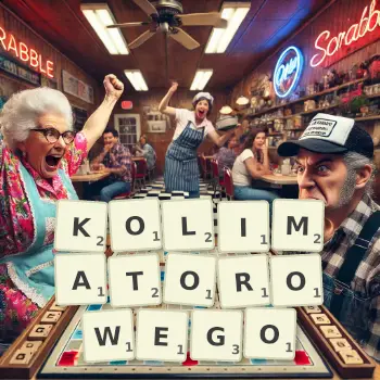 Kreatywna ilustracja do gry w Scrabble ze słowem KOLIMATOROWEGO ułożonym z płytek na planszy.