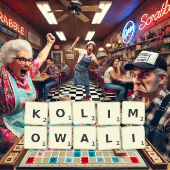 Kreatywna ilustracja do gry w Scrabble ze słowem KOLIMOWALI ułożonym z płytek na planszy.