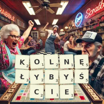 Kreatywna ilustracja do gry w Scrabble ze słowem KOLNĘŁYBYŚCIE ułożonym z płytek na planszy.