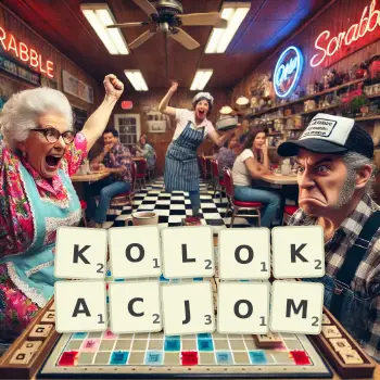 Kreatywna ilustracja do gry w Scrabble ze słowem KOLOKACJOM ułożonym z płytek na planszy.