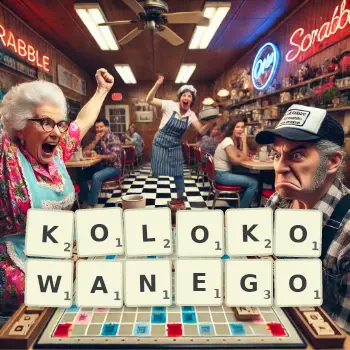 Kreatywna ilustracja do gry w Scrabble ze słowem KOLOKOWANEGO ułożonym z płytek na planszy.