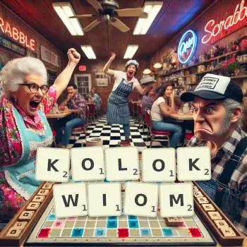 Kreatywna ilustracja do gry w Scrabble ze słowem KOLOKWIOM ułożonym z płytek na planszy.
