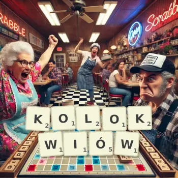 Kreatywna ilustracja do gry w Scrabble ze słowem KOLOKWIÓW ułożonym z płytek na planszy.