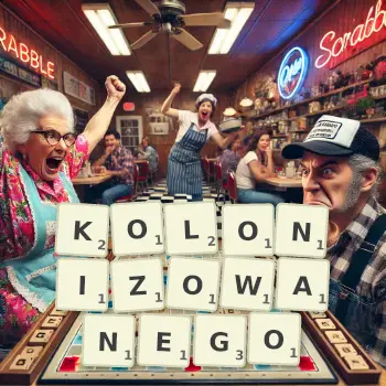 Kreatywna ilustracja do gry w Scrabble ze słowem KOLONIZOWANEGO ułożonym z płytek na planszy.