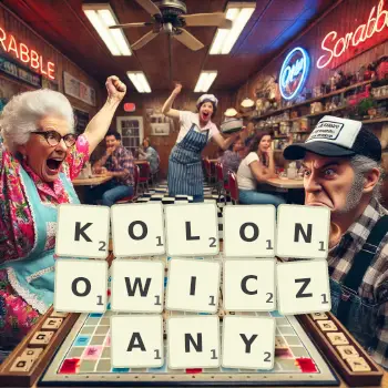 Kreatywna ilustracja do gry w Scrabble ze słowem KOLONOWICZANY ułożonym z płytek na planszy.