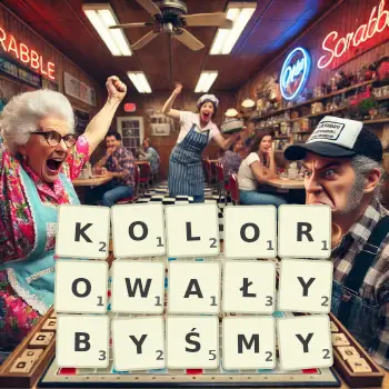 Kreatywna ilustracja do gry w Scrabble ze słowem KOLOROWAŁYBYŚMY ułożonym z płytek na planszy.