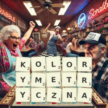 Kreatywna ilustracja do gry w Scrabble ze słowem KOLORYMETRYCZNA ułożonym z płytek na planszy.