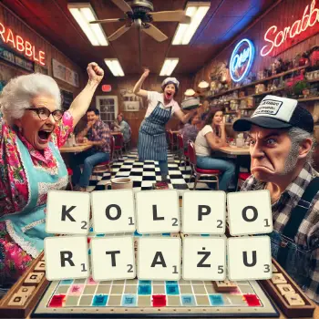 Kreatywna ilustracja do gry w Scrabble ze słowem KOLPORTAŻU ułożonym z płytek na planszy.