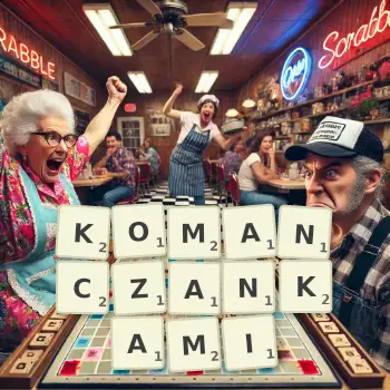 Kreatywna ilustracja do gry w Scrabble ze słowem KOMANCZANKAMI ułożonym z płytek na planszy.