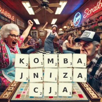 Kreatywna ilustracja do gry w Scrabble ze słowem KOMBAJNIZACJA ułożonym z płytek na planszy.