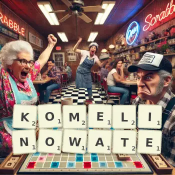 Kreatywna ilustracja do gry w Scrabble ze słowem KOMELINOWATE ułożonym z płytek na planszy.