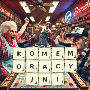 Kreatywna ilustracja do gry w Scrabble ze słowem KOMEMORACYJNI ułożonym z płytek na planszy.