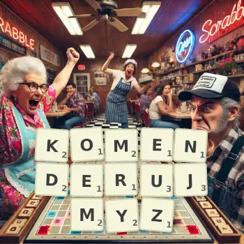 Kreatywna ilustracja do gry w Scrabble ze słowem KOMENDERUJMYZ ułożonym z płytek na planszy.