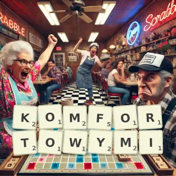 Kreatywna ilustracja do gry w Scrabble ze słowem KOMFORTOWYMI ułożonym z płytek na planszy.