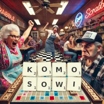 Kreatywna ilustracja do gry w Scrabble ze słowem KOMOSOWI ułożonym z płytek na planszy.