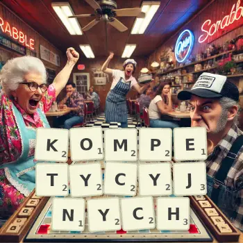 Kreatywna ilustracja do gry w Scrabble ze słowem KOMPETYCYJNYCH ułożonym z płytek na planszy.