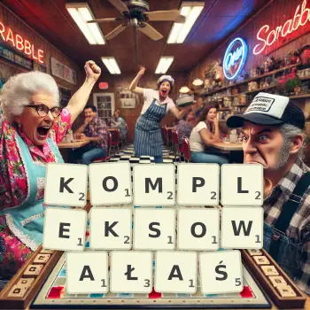 Kreatywna ilustracja do gry w Scrabble ze słowem KOMPLEKSOWAŁAŚ ułożonym z płytek na planszy.