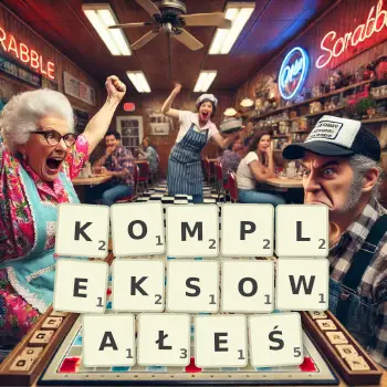 Kreatywna ilustracja do gry w Scrabble ze słowem KOMPLEKSOWAŁEŚ ułożonym z płytek na planszy.