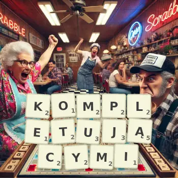 Kreatywna ilustracja do gry w Scrabble ze słowem KOMPLETUJĄCYMI ułożonym z płytek na planszy.