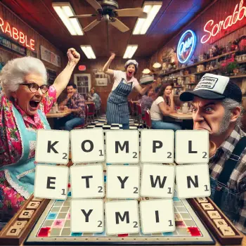 Kreatywna ilustracja do gry w Scrabble ze słowem KOMPLETYWNYMI ułożonym z płytek na planszy.